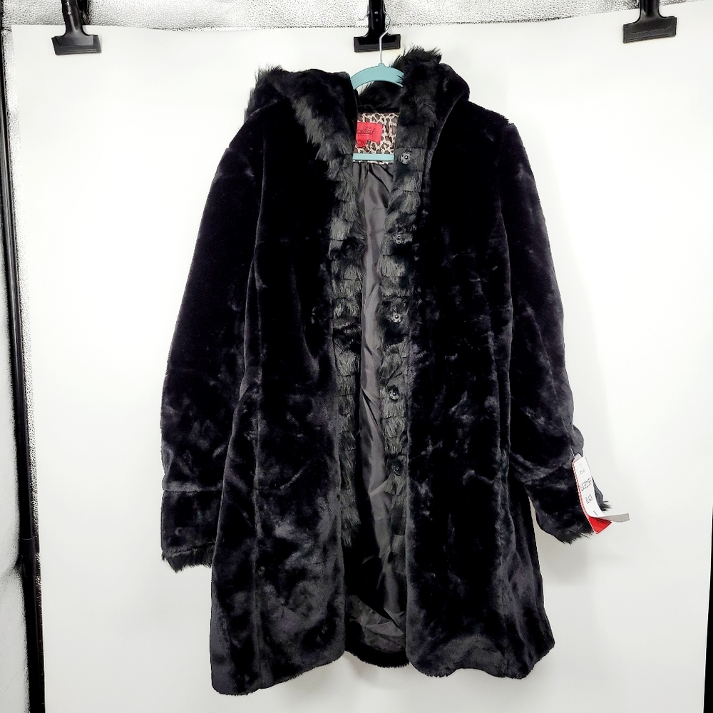 Black Faux Fur Teddy Hooded Coat - Plush Warmth